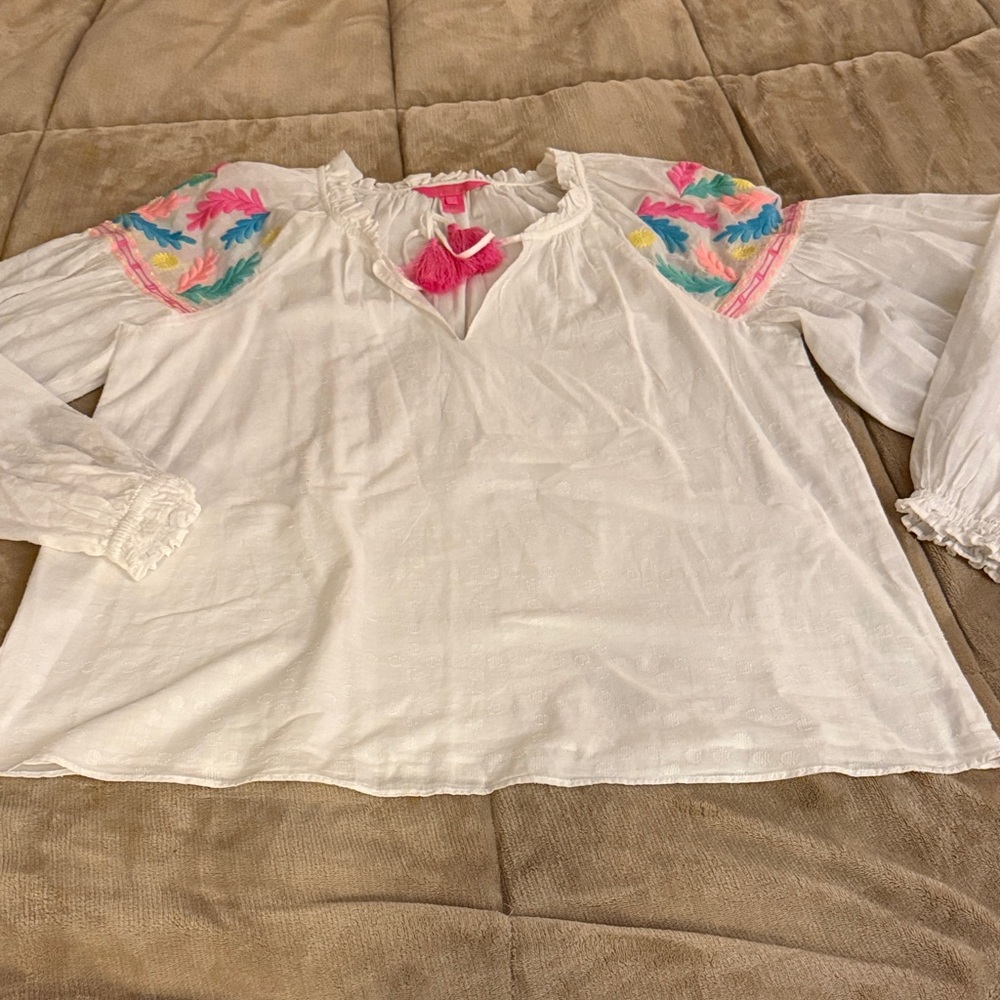 Lilly Pulitzer White Blouse with Pink and Blue Embroidery